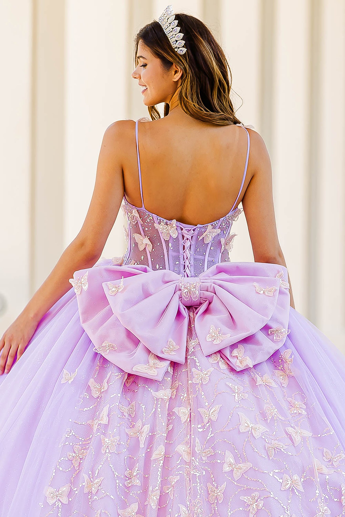 Quinceañera | Lilac Corset Bodice Two-tone Butterfly Ballgown | Laia dress | 2 Colors Available back with tiara