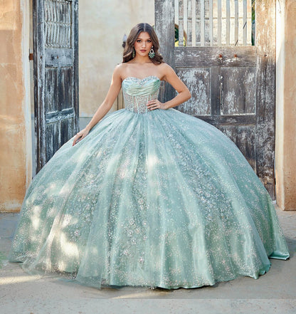Quinceanera | Sage Long Train Dress with Sweetheart Neckline and Glitter Embellishments Sweet 15 Ballgown | Mafalda dress front