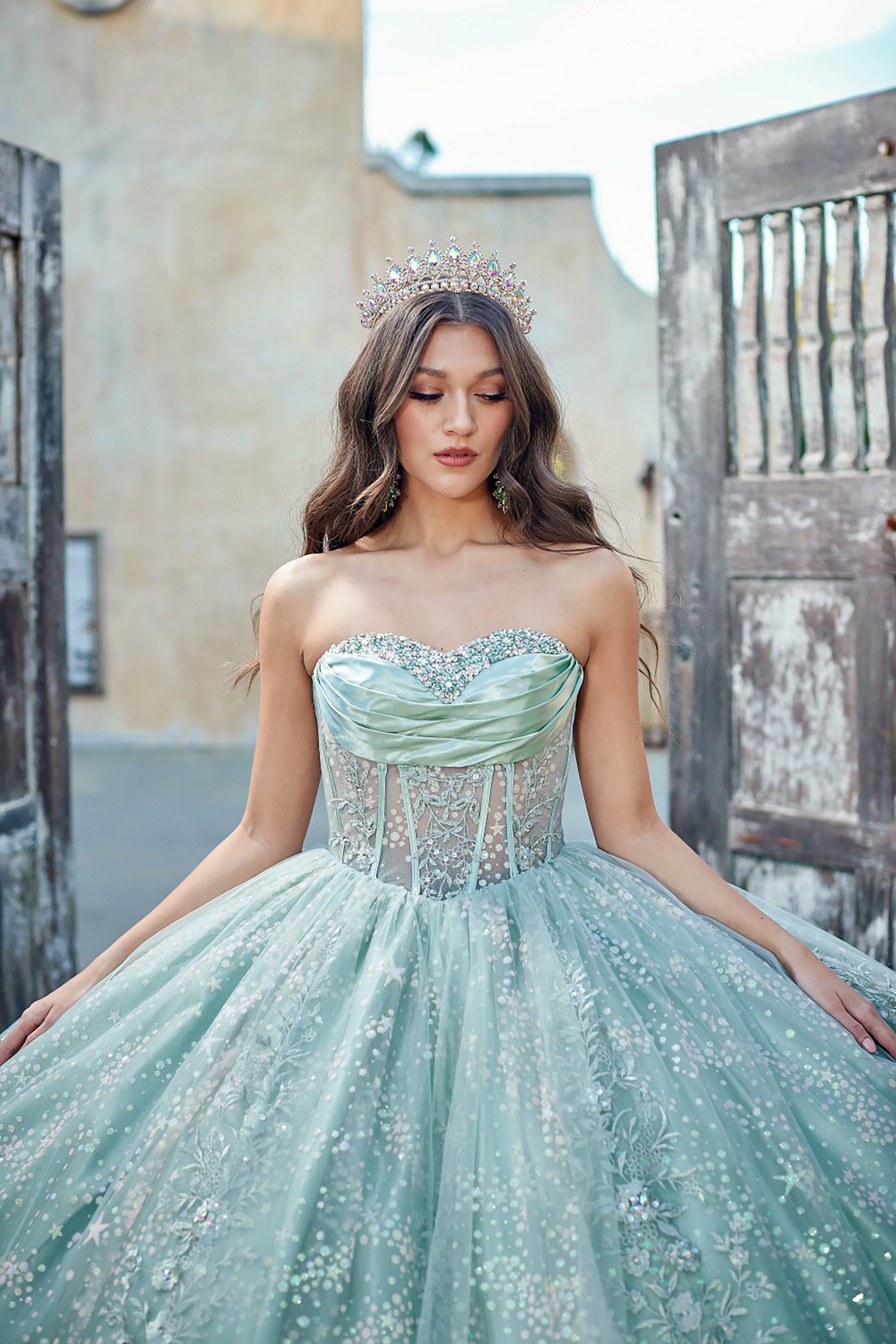 Quinceanera | Sage Long Train Dress with Sweetheart Neckline and Glitter Embellishments Sweet 15 Ballgown | Mafalda dress front zoom