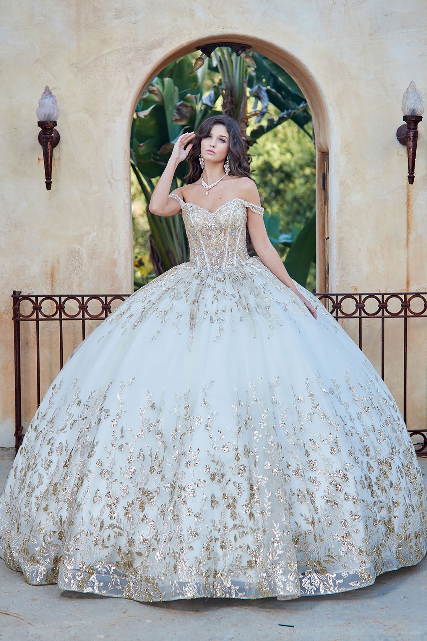  Ivory Gold Detachable Train With Stones and Gems See-through Bodice Quince Ball Gown front view without long sleeves