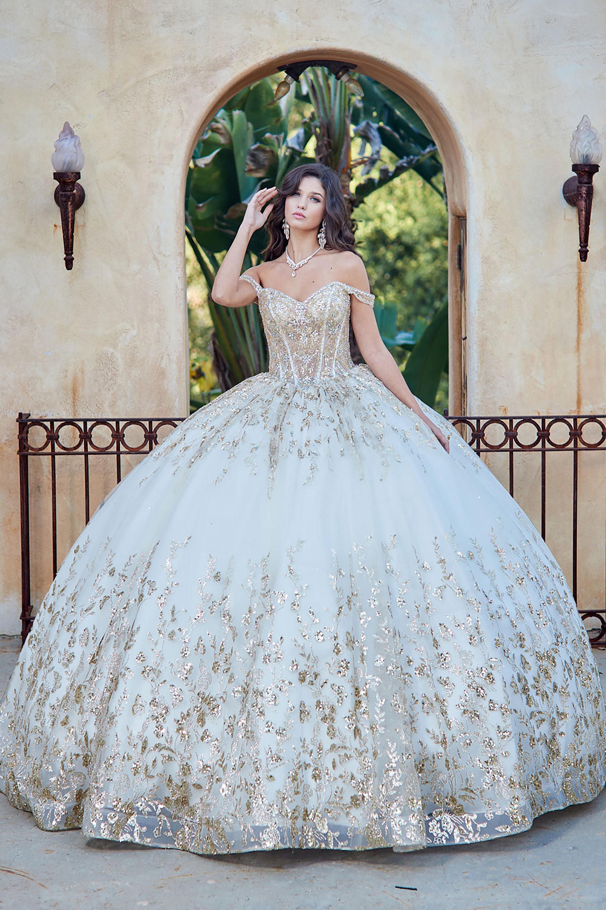  Ivory Gold Detachable Train With Stones and Gems See-through Bodice Quince Ball Gown front view without long sleeves