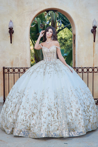  Ivory Gold Detachable Train With Stones and Gems See-through Bodice Quince Ball Gown front view without long sleeves