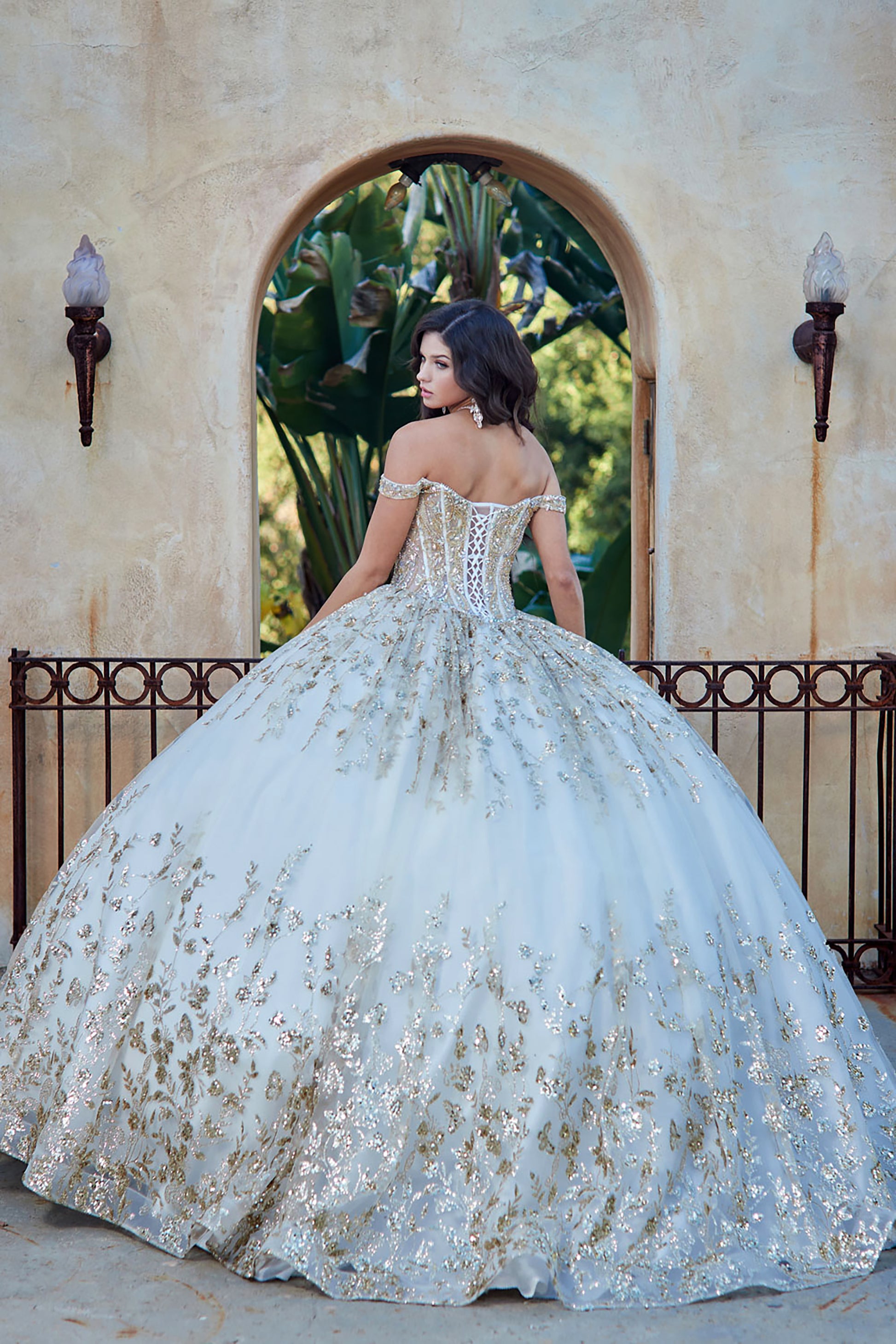  Ivory Gold Detachable Train With Stones and Gems See-through Bodice Quince Ball Gown back view