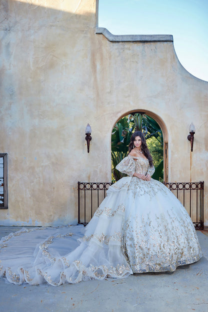  Ivory Gold Detachable Train With Stones and Gems See-through Bodice Quince Ball Gown side view