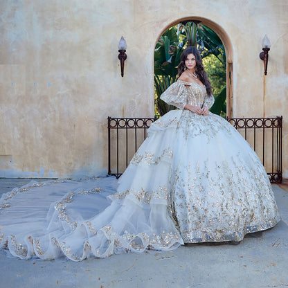 Ivory Gold Detachable Train With Stones and Gems See-through Bodice Quince Ball Gown side view