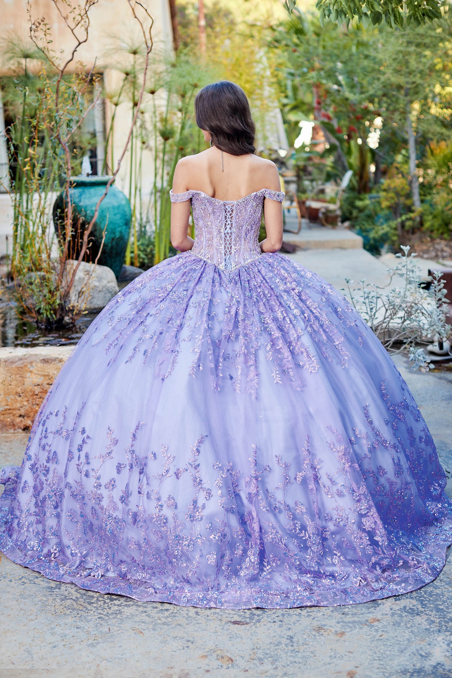 Lilac Detachable Train With Stones and Gems See-through Bodice Quince Ball Gown back view outdoor