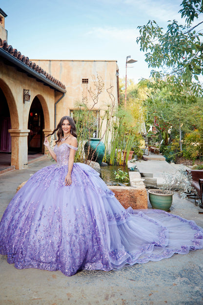 Lilac Detachable Train With Stones and Gems See-through Bodice Quince Ball Gown side view outside