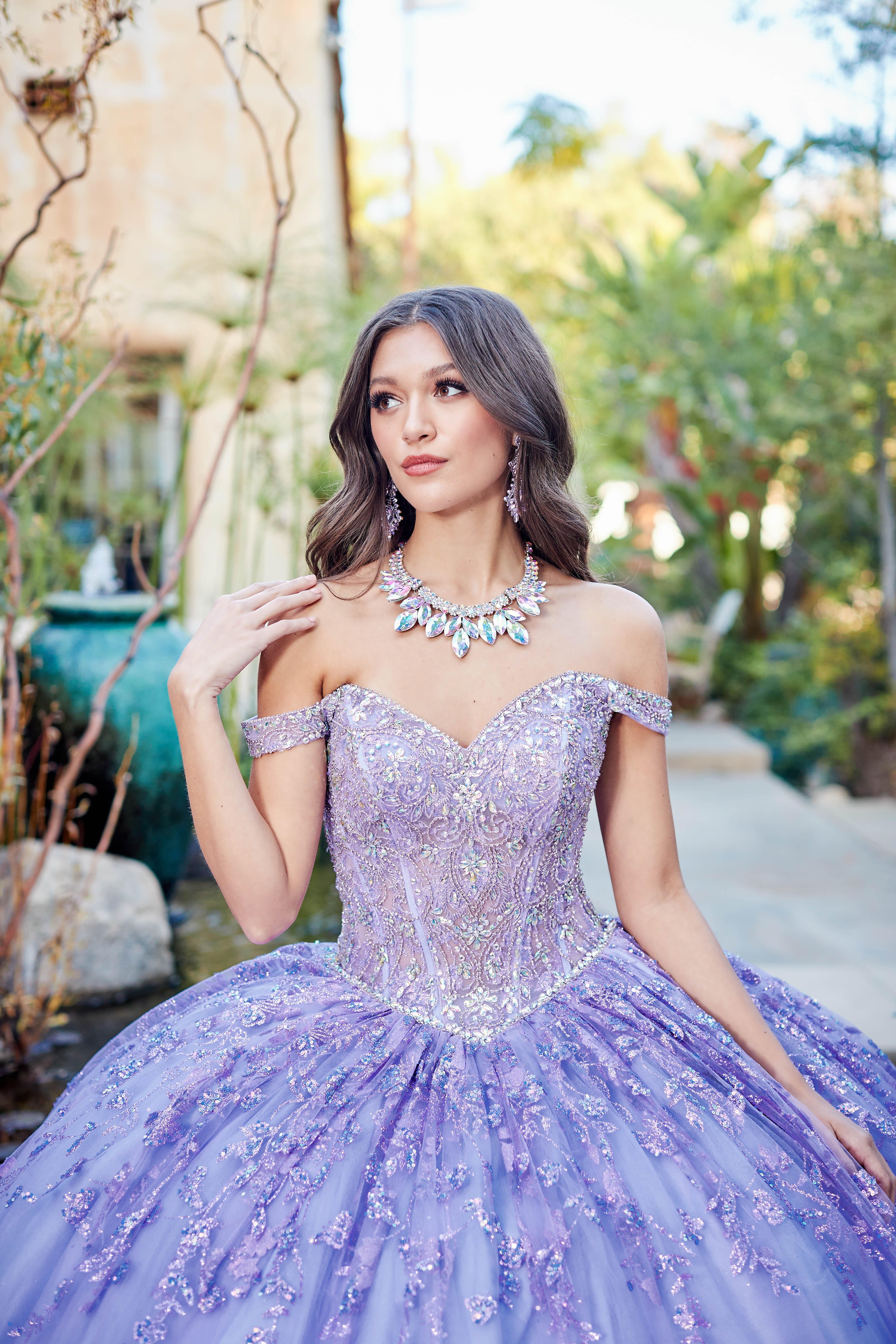 American Stride Quinceanera Lilac Detachable Long Sleeves and Train with Stones and Gems See Through Bodice Quince Ball Gown Noa Dress 3 Colors Available S