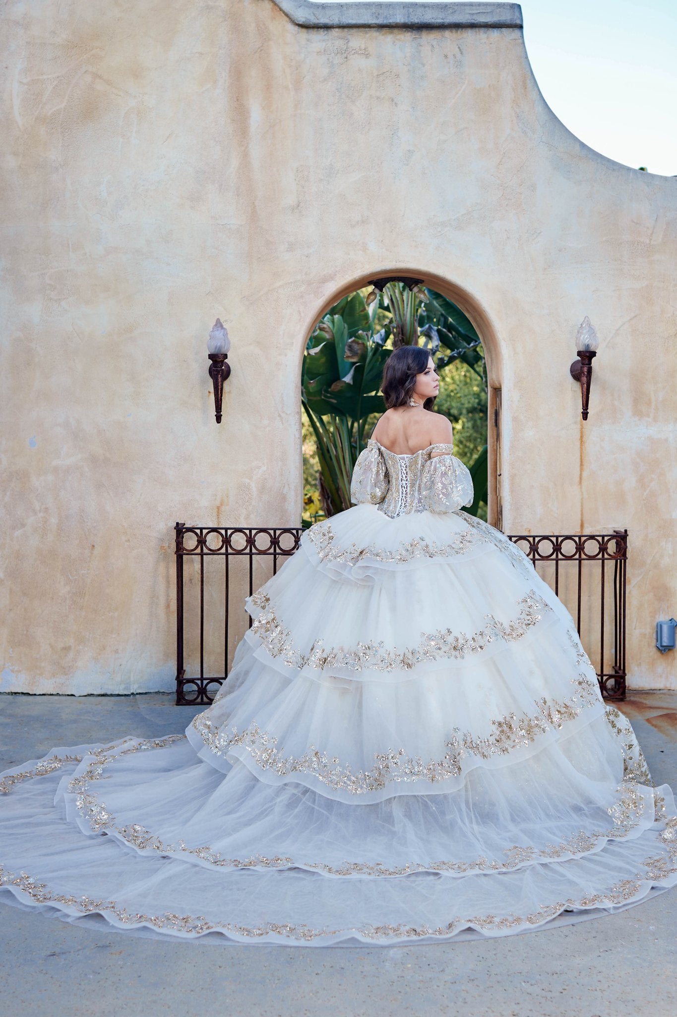 Elegant Ivory Gold Ball Gown with Detachable Long Sleeves and Train XS / Gold Elegant Ivory Gold Ball Gown with Detachable Long Sleeves and Train XS / Gold