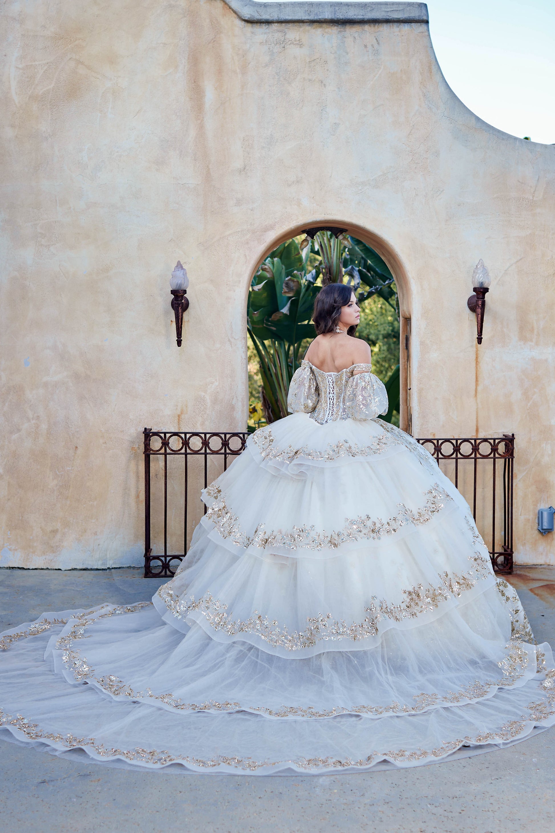 Ivory Gold Detachable Train With Stones and Gems See-through Bodice Quince Ball Gown back view outside