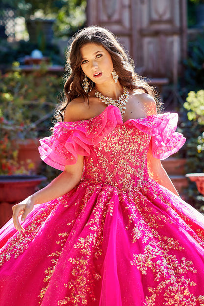 Hot Pink Sequin Ruffle Glittering Ballgown Quince Dress front zoom