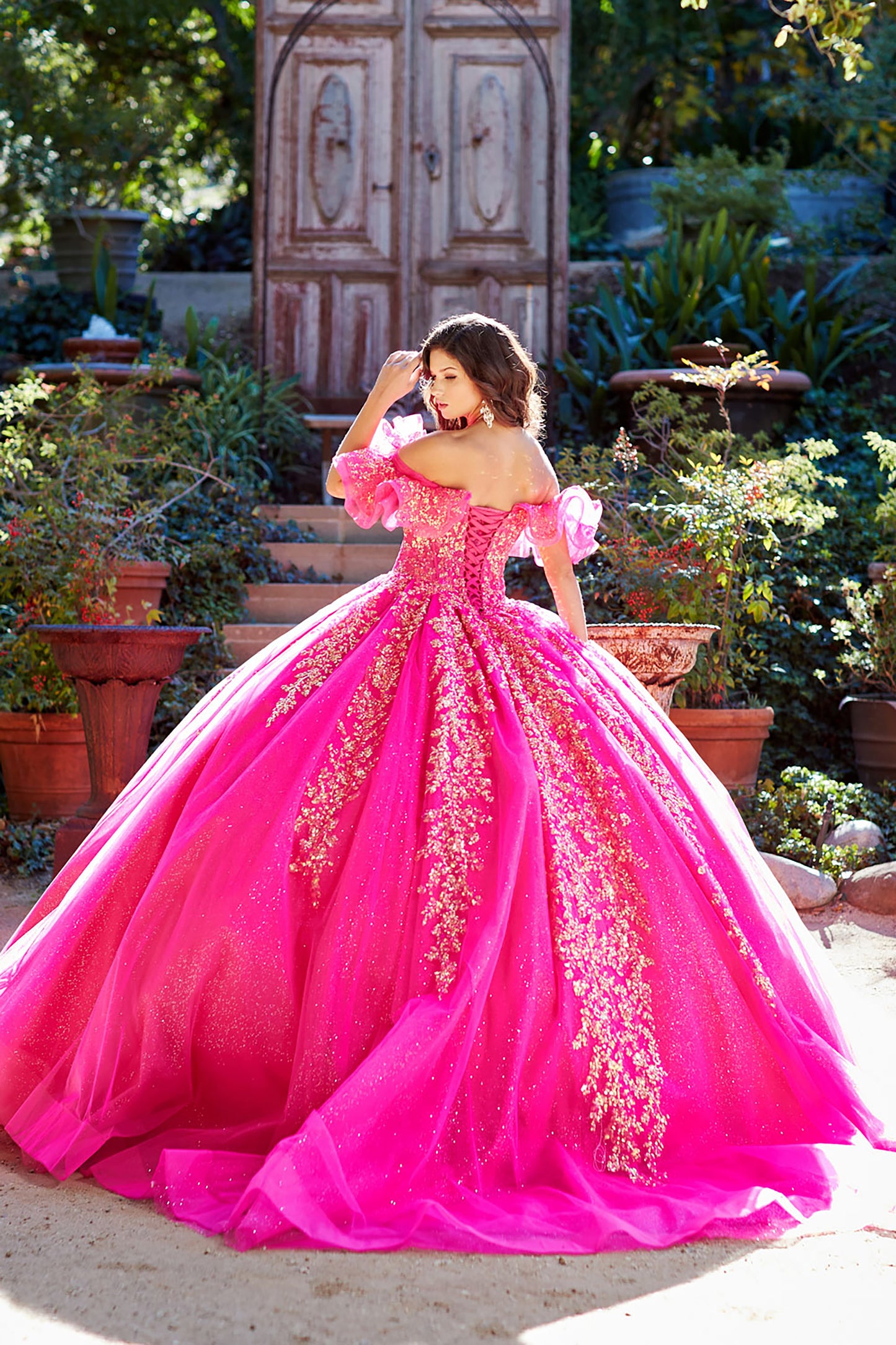 Hot Pink Sequin Ruffle Glittering Ballgown Quince Dress back view