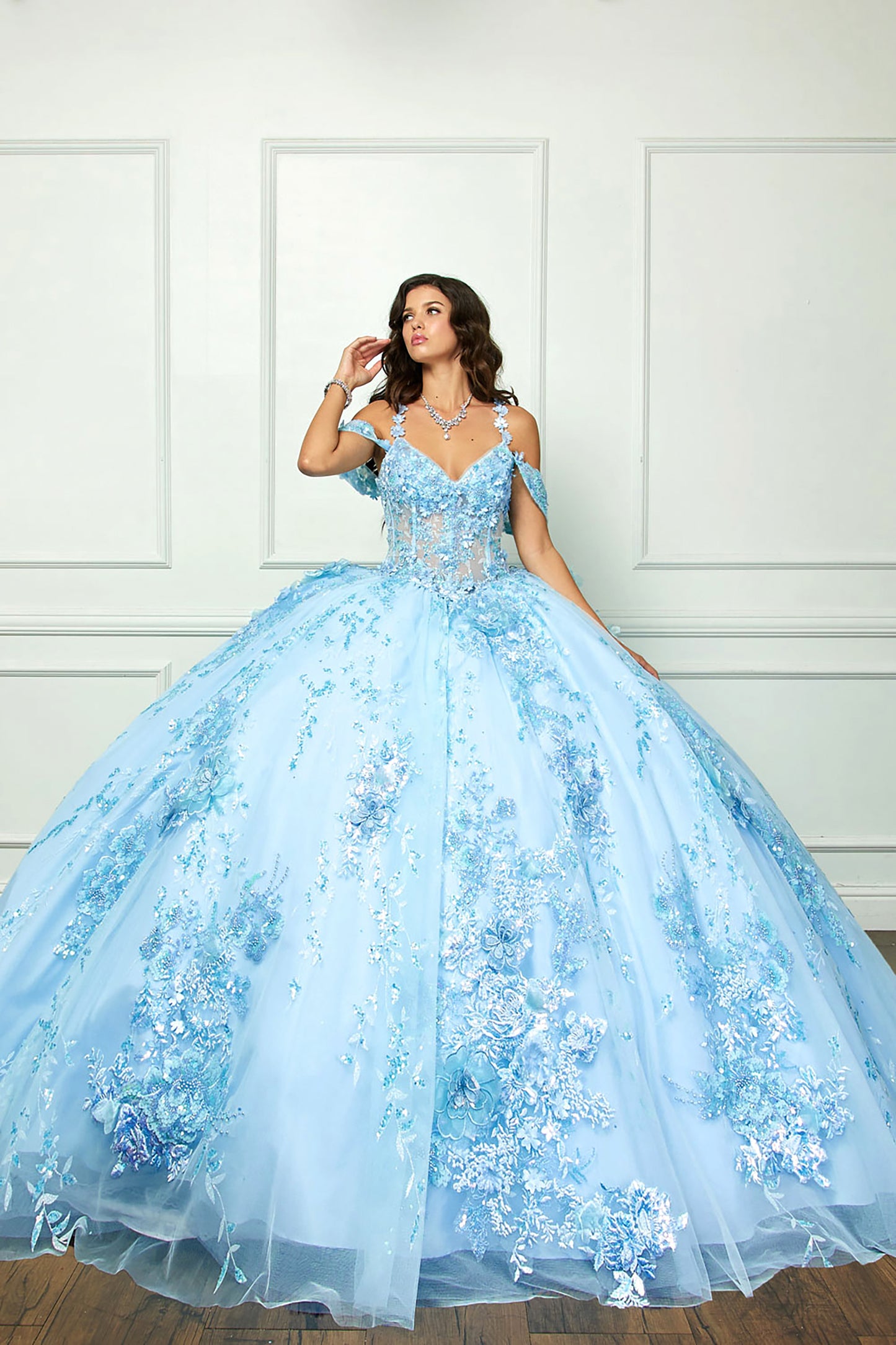 Light Blue 3D flowers Sparkling Rhinestones and Shimmering Sequins with Detachable Sleeves BallGown - girl wearing dress front view