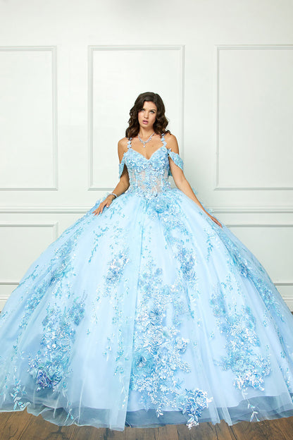 Light Blue 3D flowers Sparkling Rhinestones and Shimmering Sequins with Detachable Sleeves BallGown - front view zoomed out girl wearing dress