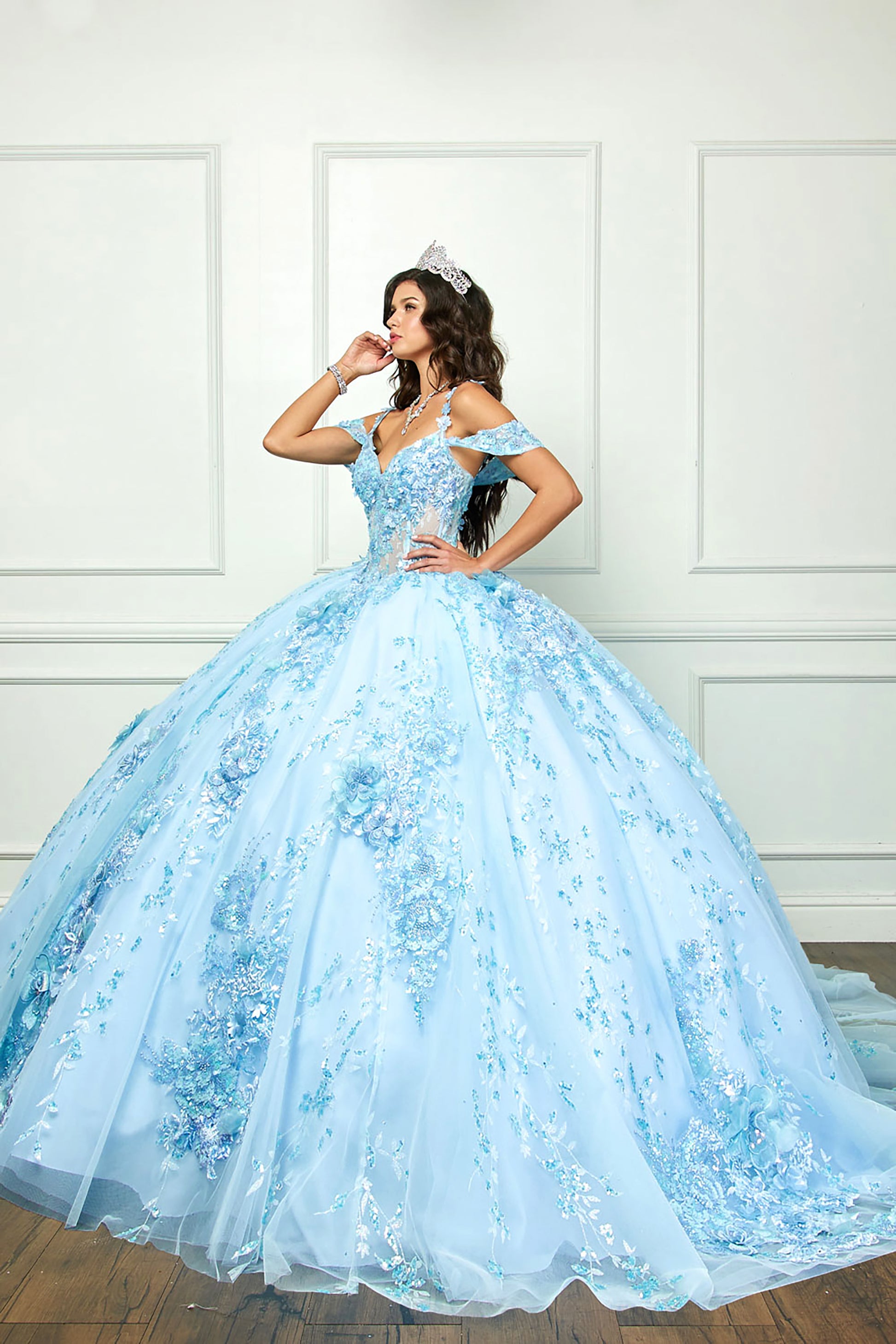 Light Blue 3D flowers Sparkling Rhinestones and Shimmering Sequins with Detachable Sleeves BallGown - girl wearing dress side view