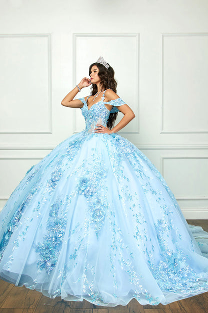 Light Blue 3D flowers Sparkling Rhinestones and Shimmering Sequins with Detachable Sleeves BallGown - girl wearing dress side view