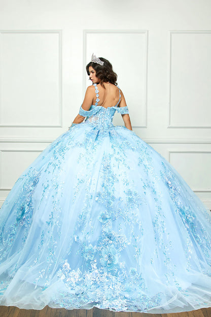 Light Blue 3D flowers Sparkling Rhinestones and Shimmering Sequins with Detachable Sleeves BallGown - full back view girl wearing dress