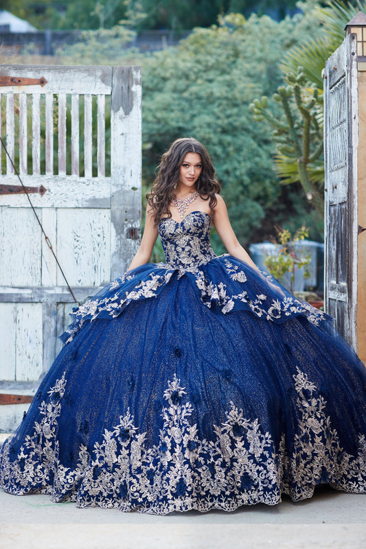 Quinceanera | Navy Glittery Overlay Ball Gown with Golden Embroidered Top Adorned with Sequins and Gems  | Aitanna dress front view