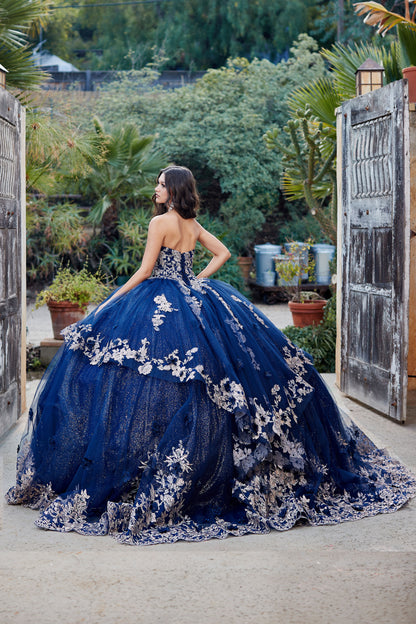 Quinceanera | Navy Glittery Overlay Ball Gown with Golden Embroidered Top Adorned with Sequins and Gems  | Aitanna dress back side