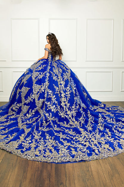 Quinceañera | Blue Gold Dazzling Off-The-Shoulder Cathedral Quince Ball Gown with Detachable Train | Alondra dress back side