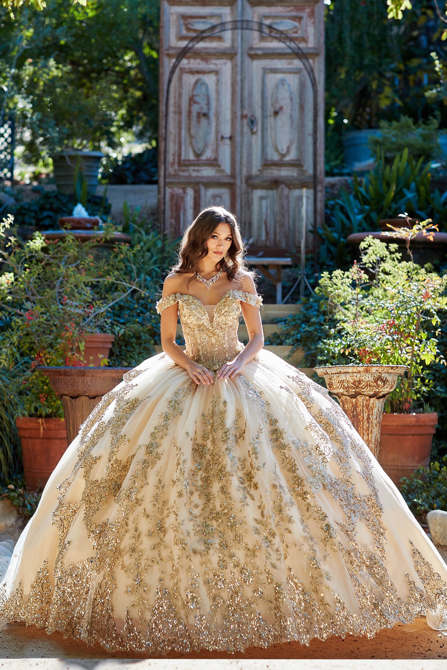  Gold Dazzling Off-The-Shoulder Cathedral Quince Ball Gown with Detachable Train front view