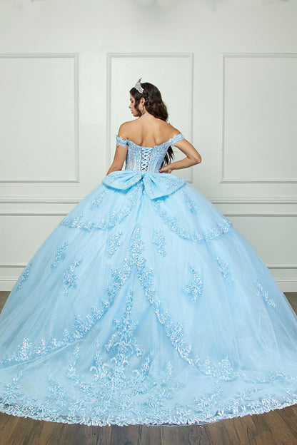 Quinceanera | Cinderella Blue Sparkling Rhinestones Bodice Multi-tiered Illusion Skirt Embroidery Off Shoulder Quince dress - back view of woman wearing dress and crown