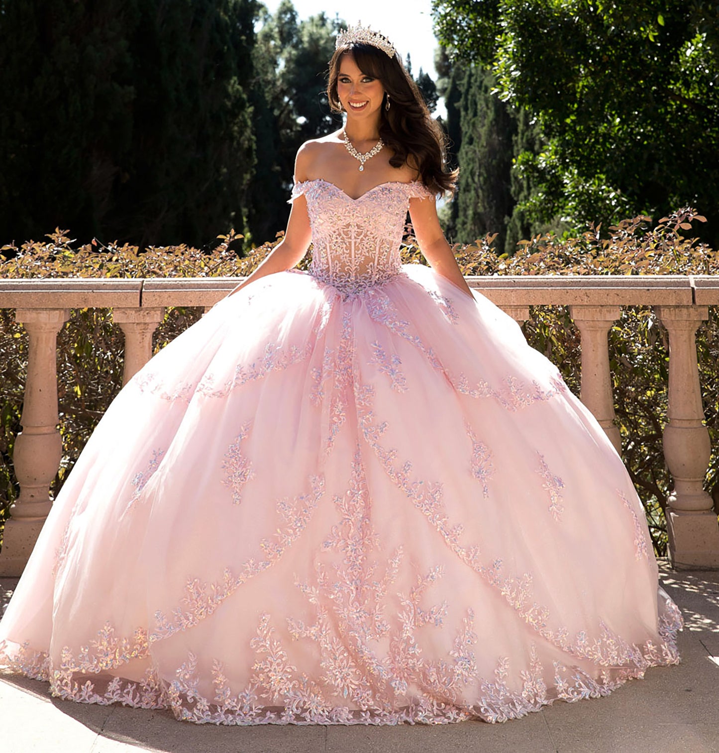 Baby Pink Sparkling Rhinestones Bodice Multi-tiered Illusion Skirt Embroidery Off Shoulder Sweet 15 Ballgown front