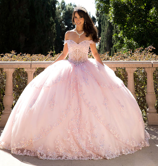 Baby Pink Sparkling Rhinestones Bodice Multi-tiered Illusion Skirt Embroidery Off Shoulder Sweet 15 Ballgown front