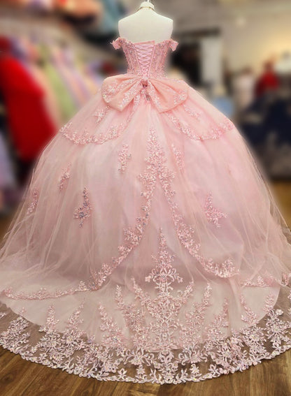 BabyPink Sparkling Rhinestones Bodice Multi-tiered Illusion Skirt Embroidery Off Shoulder Quince dress full back view