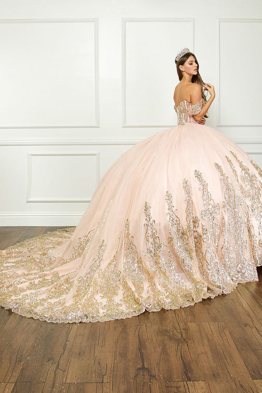 Quinceanera | Blush Embroidered Bodice Gems, Rhinestones Sweetheart Neckline with Detachable Long Sleeves and Gold Glitter Details Quince Ballgown | Luz dress | 2 Colors Available back side