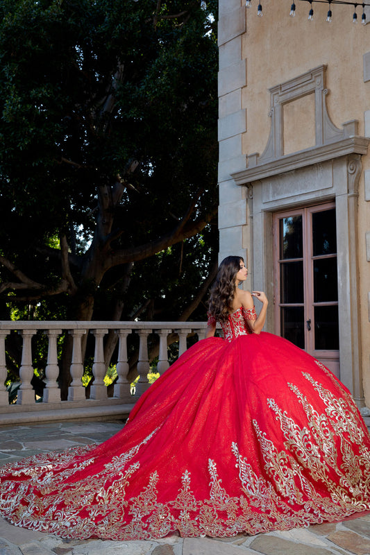Red Embroidered Bodice Gems, Rhinestones Sweetheart Neckline with Detachable Long Sleeves and Gold Glitter Details Quince Ballgown  back view