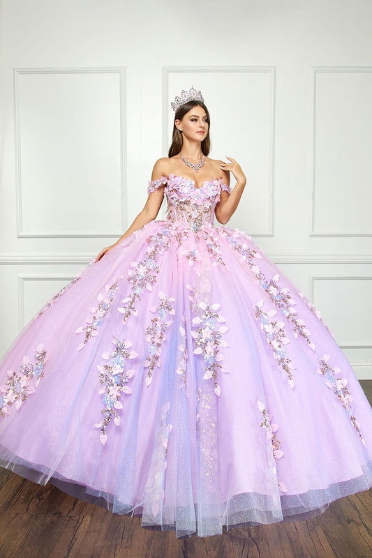 Quinceanera | Lilac Ombre See-through 3D Iridescent Sequin Flower Detail Glitter Tulle Quince Ballgown | Luzia dress front view 