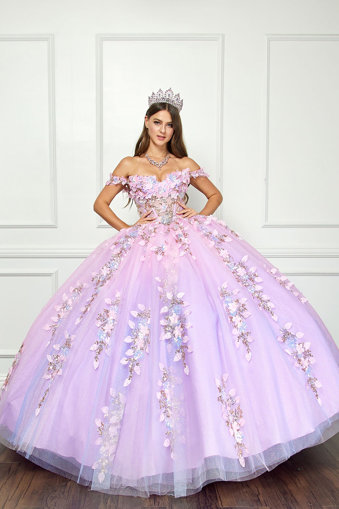 Quinceanera | Lilac Ombre See-through 3D Iridescent Sequin Flower Detail Glitter Tulle Quince Ballgown | Luzia dress front whole view