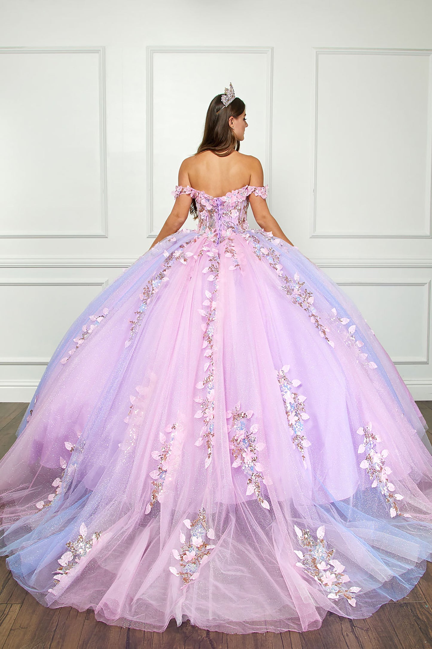 Quinceanera | Lilac Ombre See-through 3D Iridescent Sequin Flower Detail Glitter Tulle Quince Ballgown | Luzia dress back view