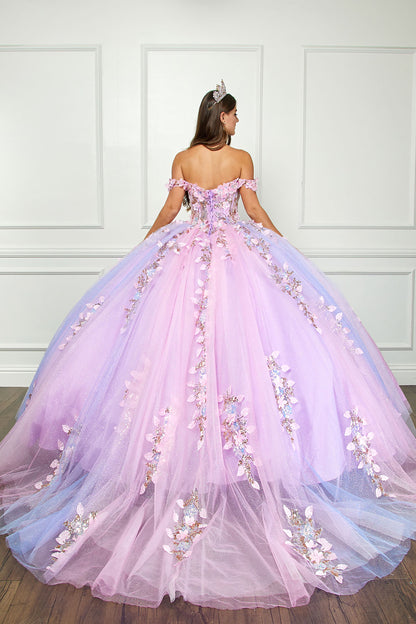 Quinceanera | Lilac Ombre See-through 3D Iridescent Sequin Flower Detail Glitter Tulle Quince Ballgown | Luzia dress back view