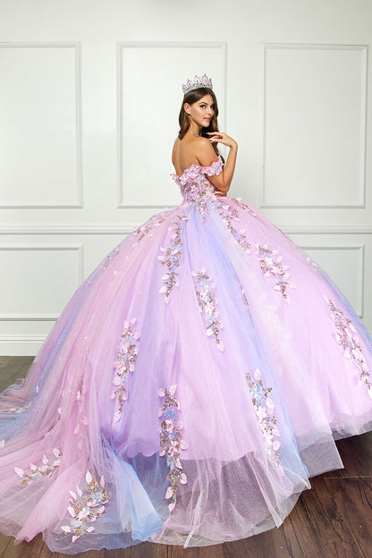 Quinceanera | Lilac Ombre See-through 3D Iridescent Sequin Flower Detail Glitter Tulle Quince Ballgown | Luzia dress side view