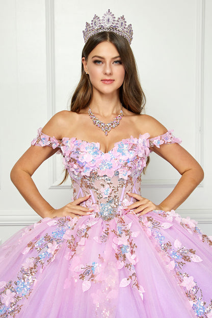 Quinceanera | Lilac Ombre See-through 3D Iridescent Sequin Flower Detail Glitter Tulle Quince Ballgown | Luzia dress front zoom