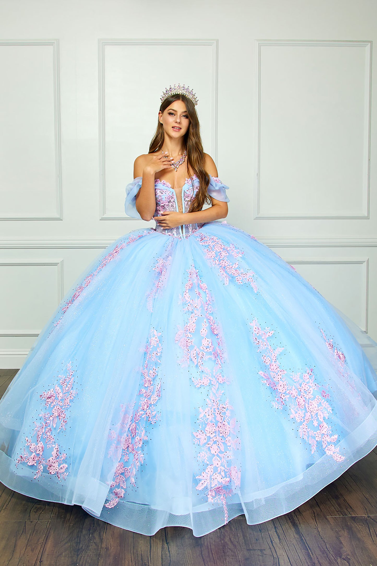 Blue/Pink See-through 3D Flowers, Embroidery, Bead bodice and Glitter Tulle Ballgown - front view woman wearing dress touching her necklace