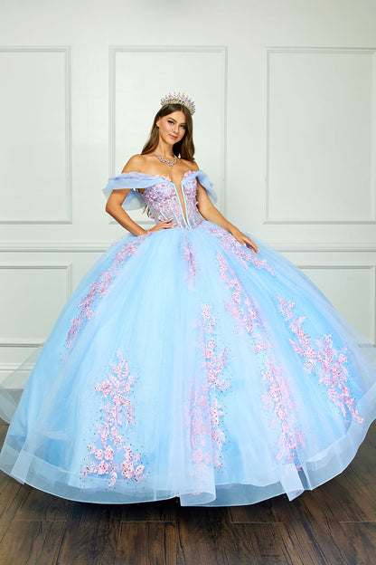 Blue/Pink See-through 3D Flowers, Embroidery, Bead bodice and Glitter Tulle Ballgown - front view woman wearing dress wearing a crown