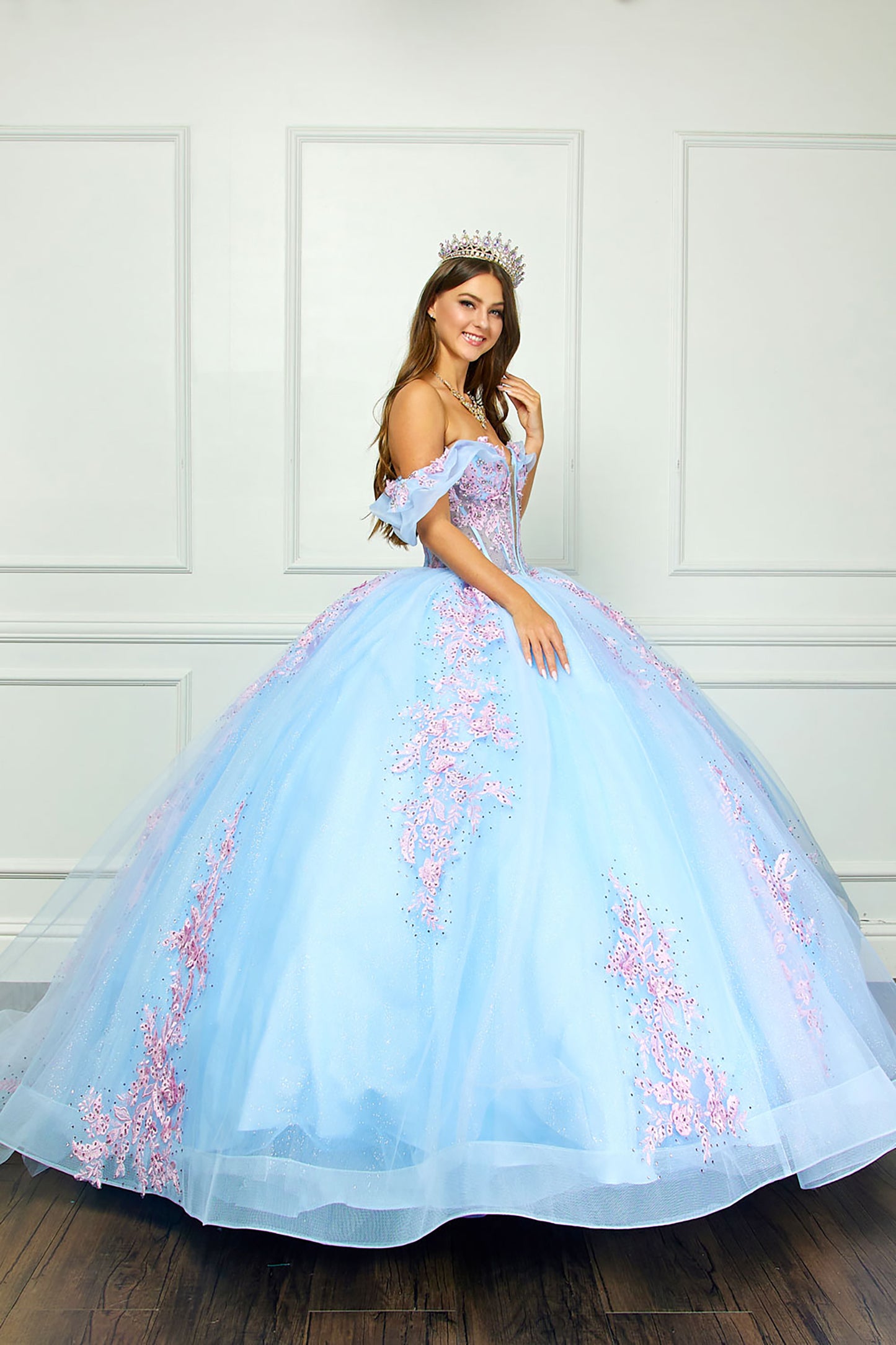 Blue/Pink See-through 3D Flowers, Embroidery, Bead bodice and Glitter Tulle Ballgown - side view woman wearing dress