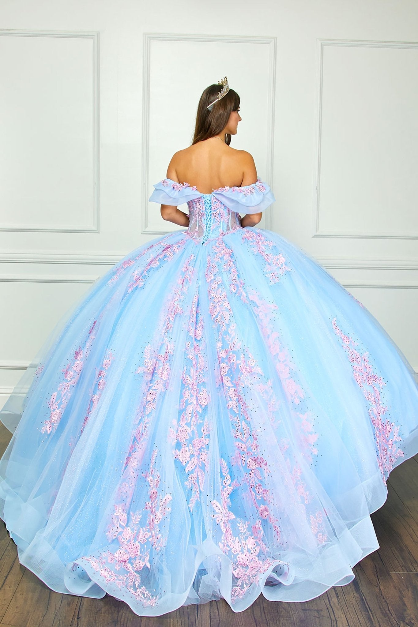 Gleaming Blue Pink Ball Gown with 3D Flowers and a Glitter Bodice American Stride Gleaming Blue Pink Ball Gown with 3D Flowers and a Glitter Bodice American Stride