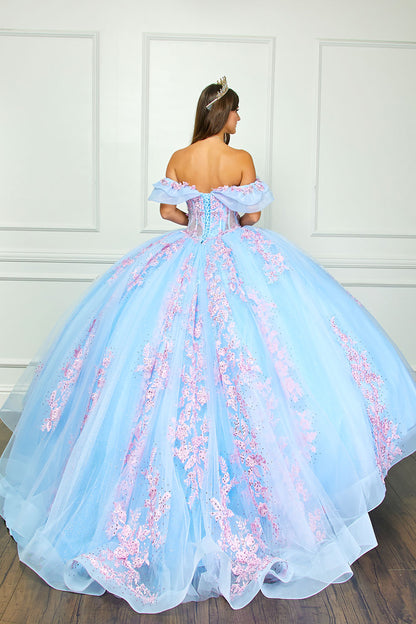 Blue/Pink See-through 3D Flowers, Embroidery, Bead bodice and Glitter Tulle Ballgown - woman wearing dress back view