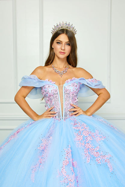 Blue/Pink See-through 3D Flowers, Embroidery, Bead bodice and Glitter Tulle Ballgown - front view girl wearing dress with hands on her waist