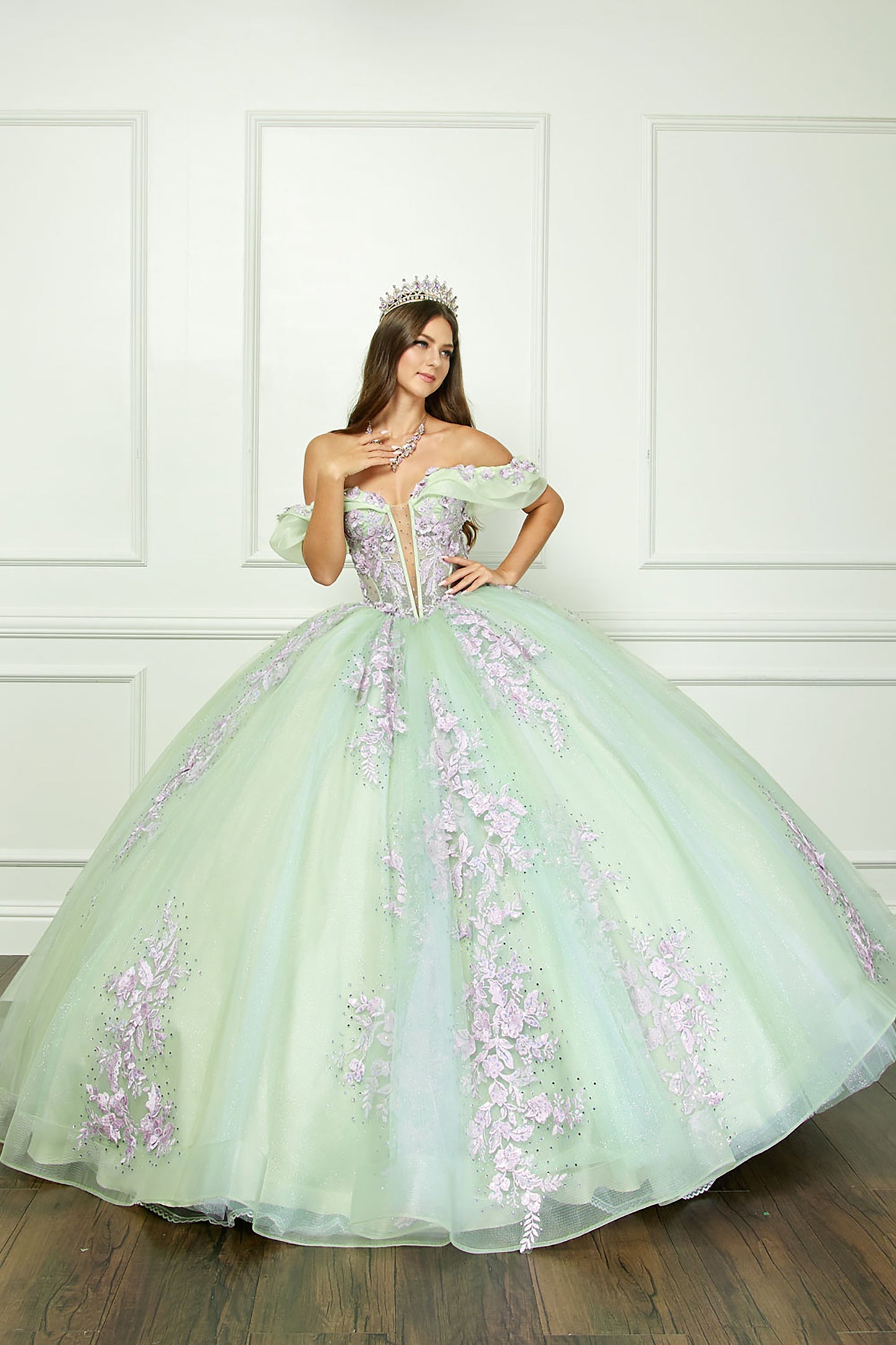 Sage/Lilac See-through 3D Flowers, Embroidery, Bead bodice and Glitter Tulle Ballgown - woman wearing dress zoomed out full front view touching necklace