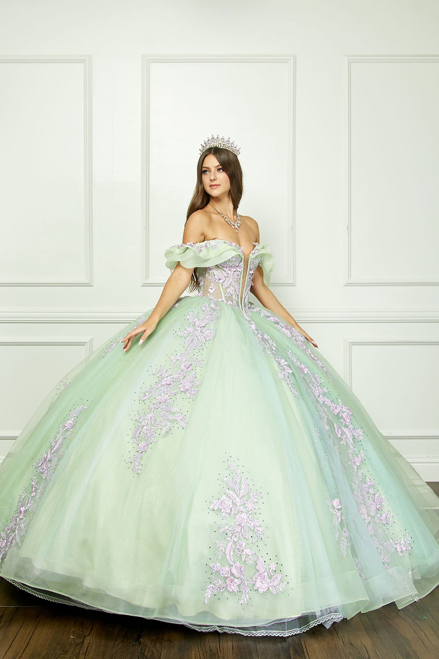 Sage/Lilac See-through 3D Flowers, Embroidery, Bead bodice and Glitter Tulle Ballgown - woman wearing dress front view looking elegant