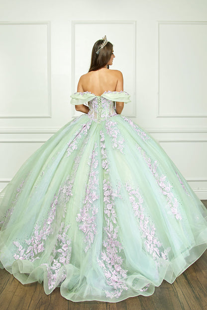 Sage/Lilac See-through 3D Flowers, Embroidery, Bead bodice and Glitter Tulle Ballgown - woman wearing dress back view