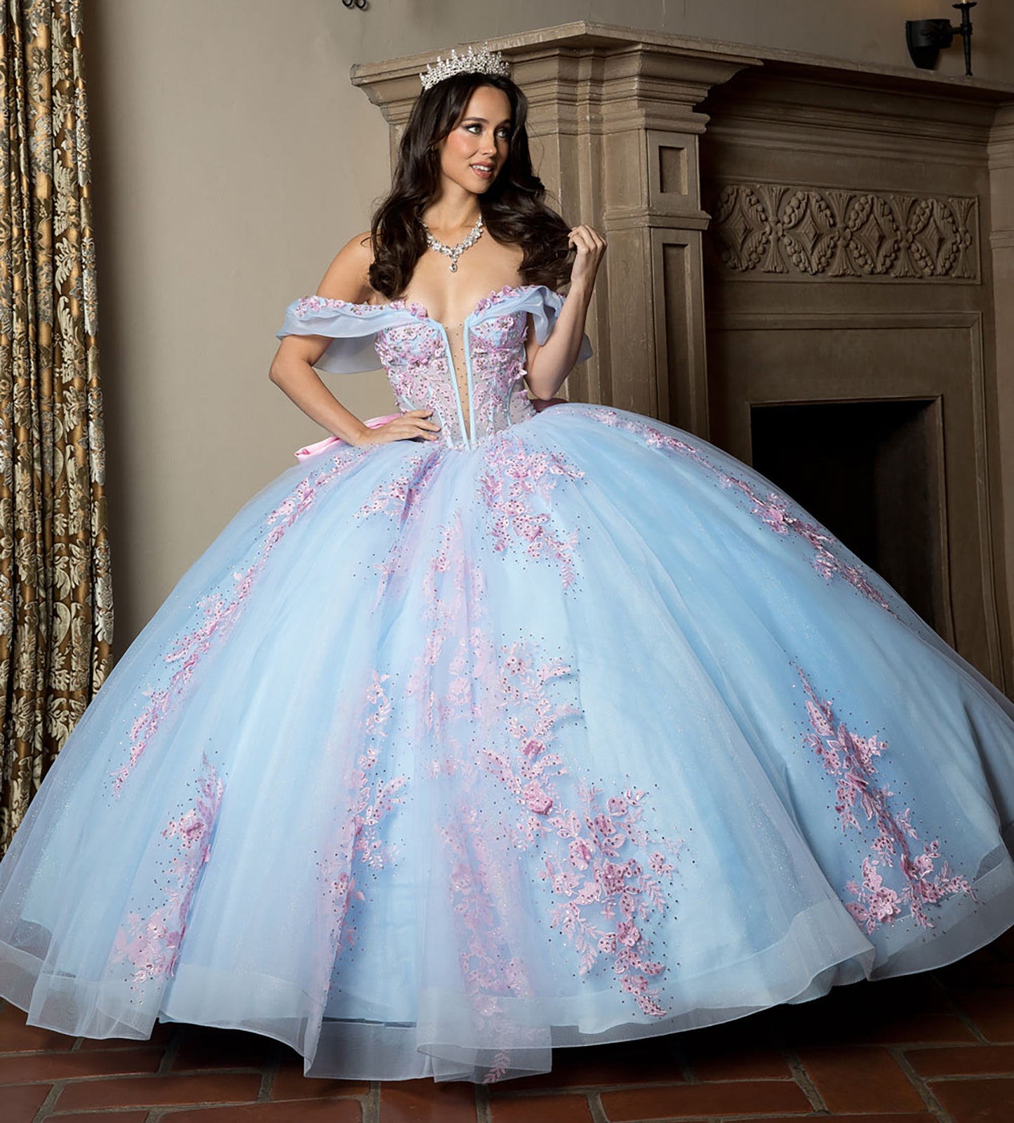 Quinceanera | Blue Pink See-through 3D Flowers, Embroidery, Bead bodice and Glitter Tulle Ballgown | Fernanda dress | 2 Colors Available