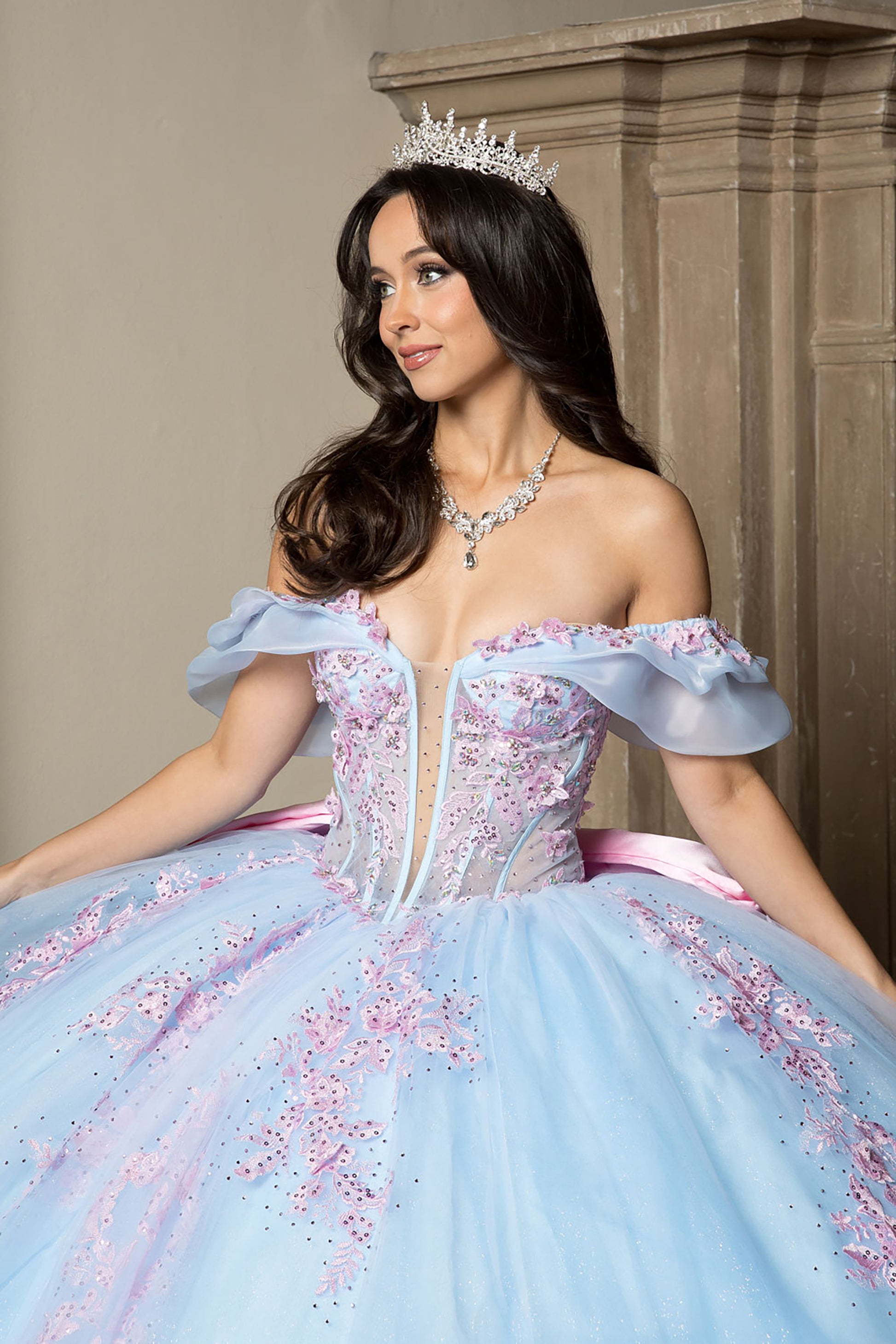 Blue Pink See-through 3D Flowers, Embroidery, Bead bodice and Glitter Tulle Ballgown front zoom