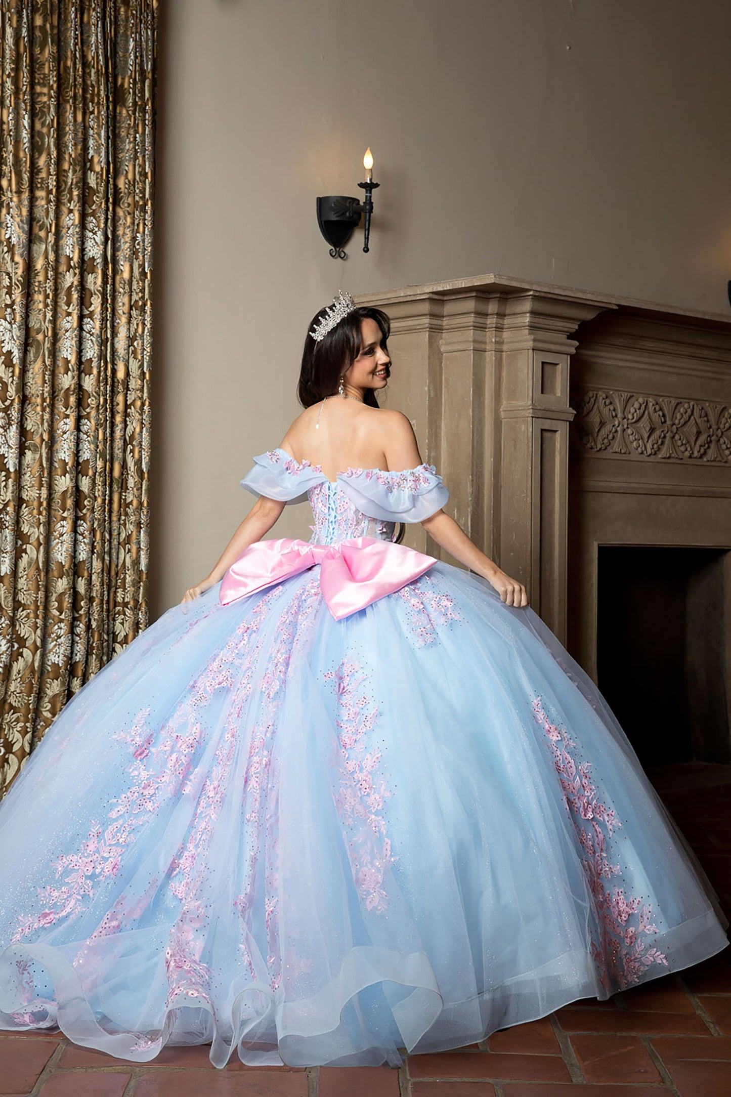 Blue Pink See-through 3D Flowers, Embroidery, Bead bodice and Glitter Tulle Ballgown back view