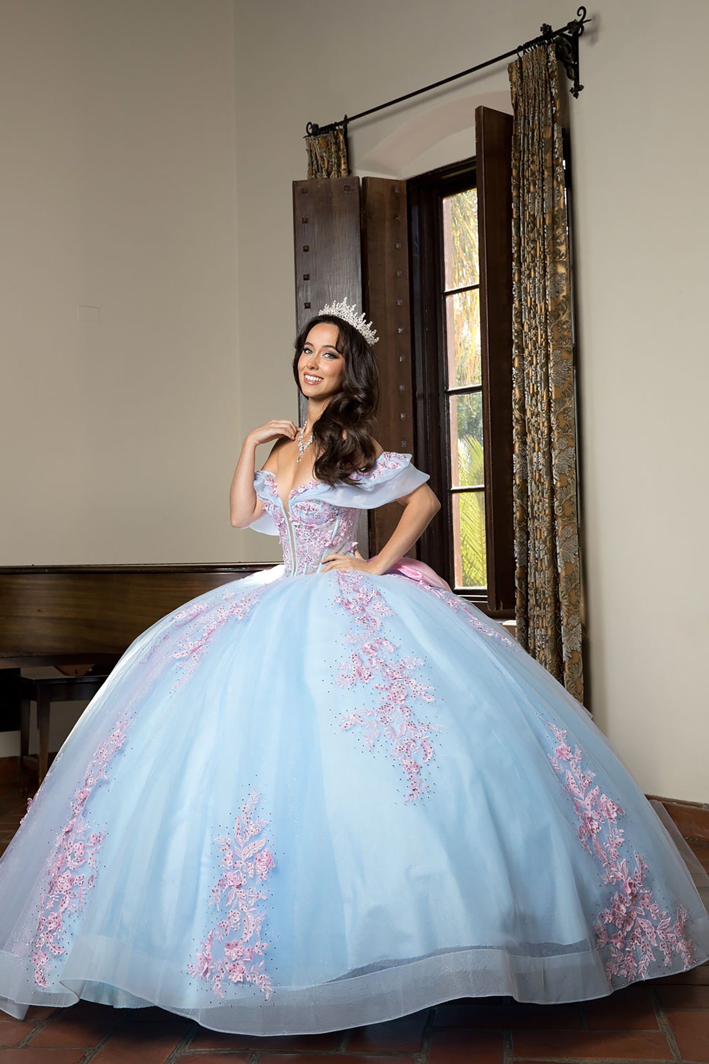 Blue Pink See-through 3D Flowers, Embroidery, Bead bodice and Glitter Tulle Ballgown side view